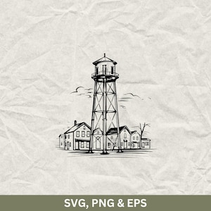 Sylwetka wieży ciśnień SVG PNG EPS, Clipart zbiornika przemysłowego, Pliki do cięcia rustykalnej panoramy