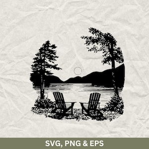 May include: Black and white illustration of a lake scene with two Adirondack chairs facing the water. Trees frame the view, with a sun or moon in the sky. The image includes the text "SVG, PNG & EPS" at the bottom.