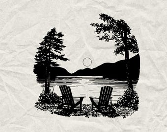 Lake View with Adirondack Chairs Silhouette SVG PNG EPS, Rustic Cabin Scene Cut Files