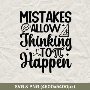 Pode incluir: Design gráfico em preto e branco com o texto "Mistakes allow thinking to π happen". O gráfico inclui um transferidor, um triângulo retângulo e um plano de coordenadas.