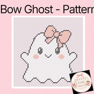 May include: A cross-stitch pattern titled Bow Ghost - Pattern featuring a white ghost with a pink bow on its head, black eyes, and pink cheeks. The design is set against a grid background, with a circular logo in the corner reading pretty little mesh.