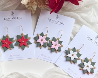 Christmas Earrings| Holiday Earrings| Poinsettia Earrings| Poinsettia Dangles| Clay Poinsettia Earrings| Winter Earrings| Clay Earrings