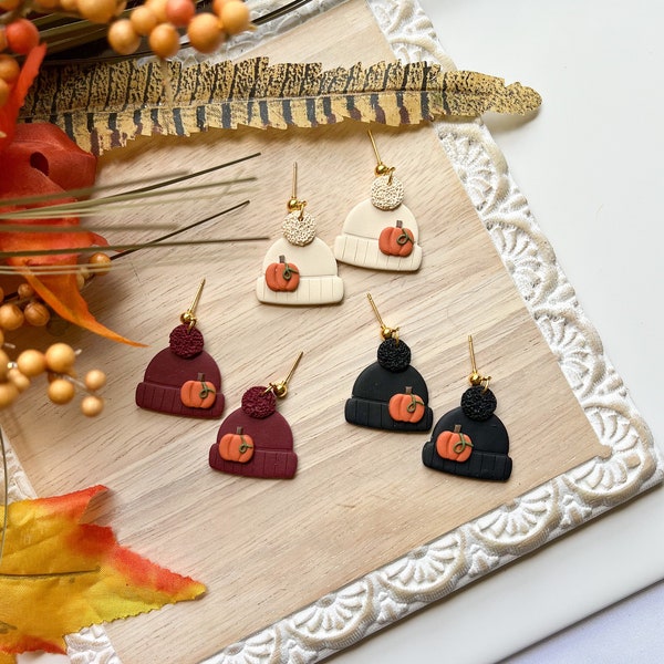 Fall Earrings| Polymer clay earrings| clay earrings| fall beanie hat| Pumpkin beanie hat| autumn earrings| fall dangle earrings| handmade