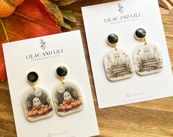 Boucles d'oreilles Halloween en argile| Boucles d'oreilles livre Halloween| Boucles d'oreilles livre fantôme| Boucles d'oreilles fantômes| Boucles d'oreilles livresques en argile| Boucles d'oreilles d'automne| Boucles d'oreilles livre