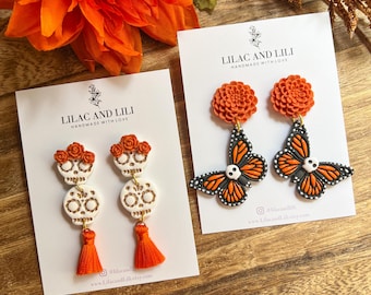 Brincos Dia de los Muertos | Brincos Dia dos Mortos | Brincos Borboleta Monarca | Brincos Caveira de Açúcar | Brincos Flor de Calêndula | Feito à mão