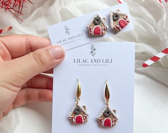 Christmas Earrings| Holiday Earrings| Gingerbread House Earrings| Clay Holiday Earrings| Gingerbread House Studs| Polymer Clay Earrings