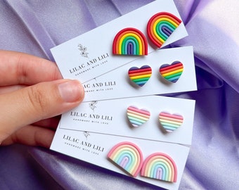 Pride Earrings| Pride Rainbow Studs| Heart Rainbow Earrings| Clay Earrings| Rainbow Arch Studs| Pride Month Earrings| Pastel Rainbow Studs