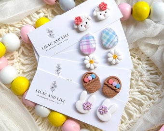 Easter Earrings| Bunny Earrings| Easter Stud Earrings| Spring Earrings| Easter Clay Earrings| Easter Bunny Studs| Eastern Basket Earrings