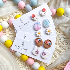 Easter Earrings| Bunny Earrings| Easter Stud Earrings| Spring Earrings| Easter Clay Earrings| Easter Bunny Studs| Eastern Basket Earrings