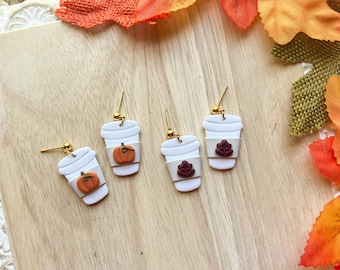 Fall earrings| Coffee cup earrings| Fall coffee cup| Clay earrings| Polymer clay earrings| pumpkin coffee cup| gifts for her|autumn earrings