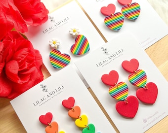 Pendientes del Orgullo/ Pendientes arco iris/ Pendientes LGBTQ+/ Pendientes Daisy Rainbow/ Pendientes de declaración del orgullo/ Pendientes de arcilla/ Pendientes del corazón del orgullo
