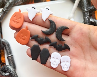Kolczyki na Halloween| Zestaw kolczyków na Halloween| Kolczyki na Halloween| Kolczyki z gliny polimerowej| Kolczyki z gliny| Kolczyki w kształcie duchów| Kolczyki w kształcie trumny| Ręcznie robione|
