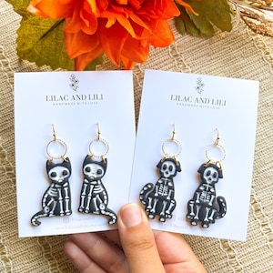 Pendientes del Día de los Muertos/Pendientes de arcilla del Día de los Muertos/Pendientes de esqueleto de gato/Pendientes de Halloween/Pendientes de esqueleto de perro/Hechos a mano