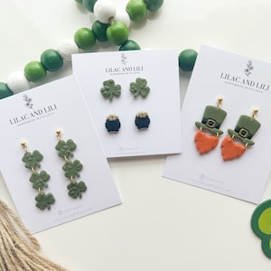 St. Patrick&#39;s Day Earrings| Shamrock dangle earrings| Clover earrings| Leprechaun earrings| St. Patrick&#39;s Day Studs| Polymer Clay shamrock