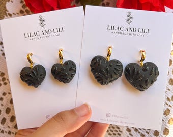 Heart Talavera Earrings| Valentine's Day Earrings| Black Talavera Earrings| Mexican Clay Earrings| Talavera Earrings| Black Talavera Heart