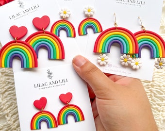 Pride Earrings| Rainbow Earrings| LGBTQ+ Earrings| Pride Jewelry| Daisy Rainbow Earrings| Pride Heart Earrings| Clay Earrings