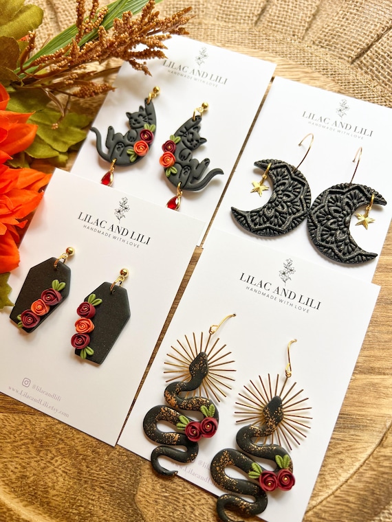 Fall Clay Earrings| Halloween Clay Earrings| Falloween Clay Earrings| Fall Floral Earrings| Black Cat Earrings| Black Moon Earrings|Handmade