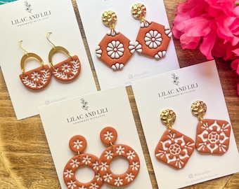 Mexican Earrings| Talavera Earrings| Terracotta Talavera Earrings| Mexican-inspired Earrings| Daisy Talavera Earrings| Azulejo Earrings