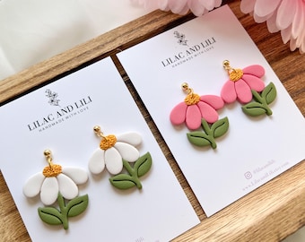 Spring Earrings| Daisy Clay Earrings| Pink Daisy Earrings| Floral Earrings| Handmade Earrings| Clay Earrings| White Daisy Earrings