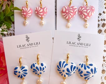 Heart Talavera Earrings| Valentine's Day Earrings| Pink Heart Talavera Earrings| Blue Heart Talavera Earrings| Talavera Clay Earrings