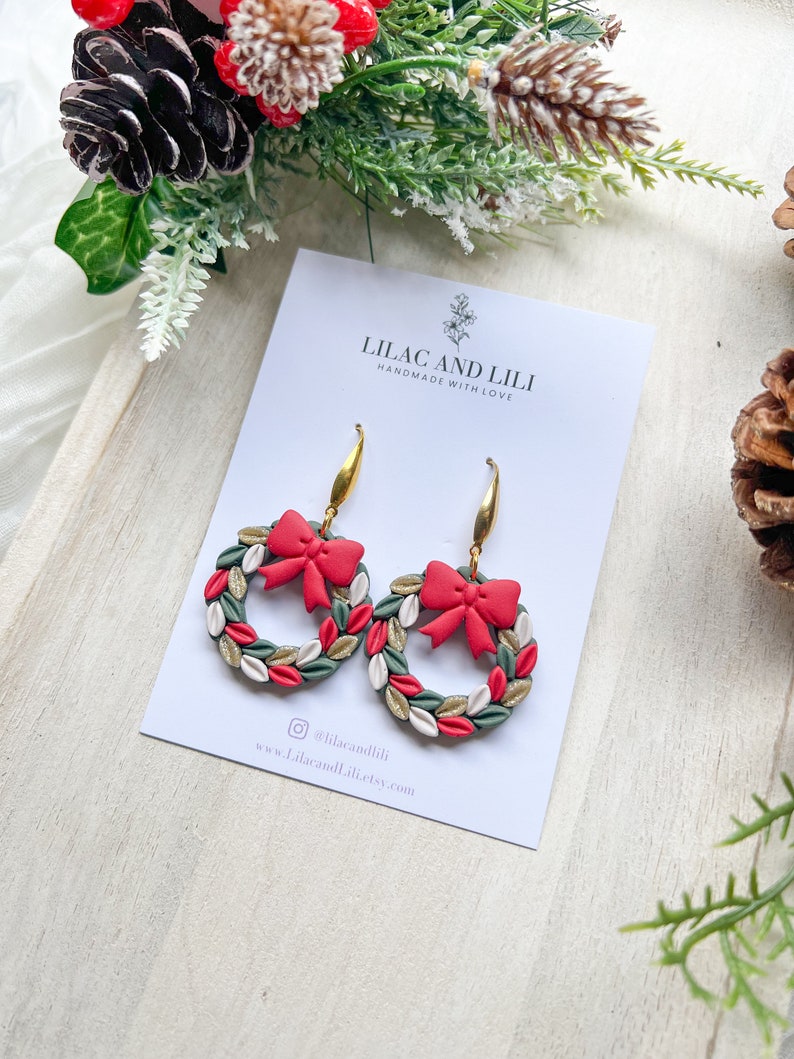 Holiday Earrings| Christmas Earrings| Wreath Earrings| Christmas Wreath Earrings| Pink Wreath Earrings| Red Wreath Earrings| Holiday Dangles Red Wreath