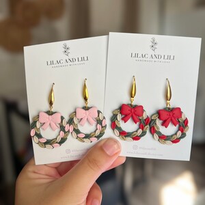 Holiday Earrings| Christmas Earrings| Wreath Earrings| Christmas Wreath Earrings| Pink Wreath Earrings| Red Wreath Earrings| Holiday Dangles image 2