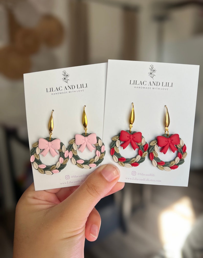 Holiday Earrings| Christmas Earrings| Wreath Earrings| Christmas Wreath Earrings| Pink Wreath Earrings| Red Wreath Earrings| Holiday Dangles image 2