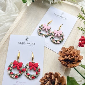 Holiday Earrings| Christmas Earrings| Wreath Earrings| Christmas Wreath Earrings| Pink Wreath Earrings| Red Wreath Earrings| Holiday Dangles image 3