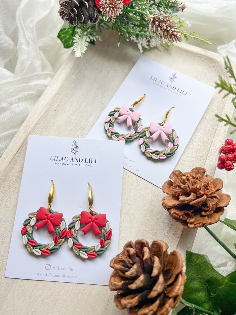Holiday Earrings| Christmas Earrings| Wreath Earrings| Christmas Wreath Earrings| Pink Wreath Earrings| Red Wreath Earrings| Holiday Dangles image 3