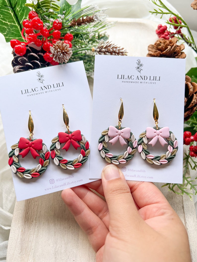 Holiday Earrings| Christmas Earrings| Wreath Earrings| Christmas Wreath Earrings| Pink Wreath Earrings| Red Wreath Earrings| Holiday Dangles image 1