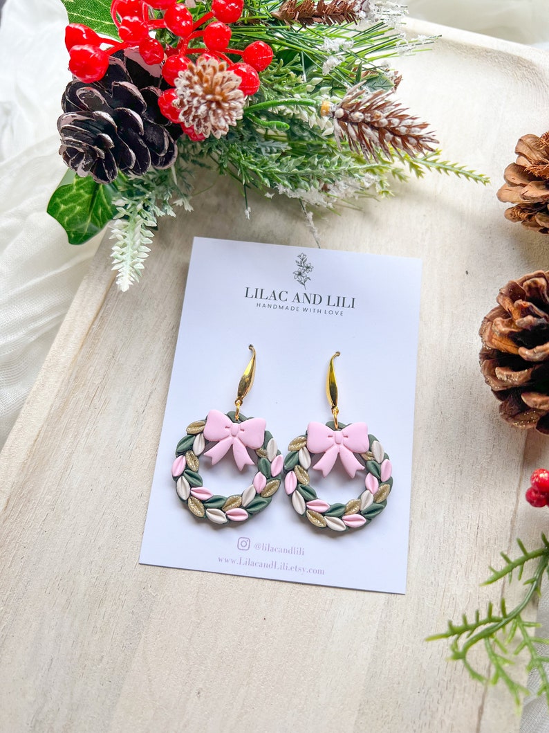 Holiday Earrings| Christmas Earrings| Wreath Earrings| Christmas Wreath Earrings| Pink Wreath Earrings| Red Wreath Earrings| Holiday Dangles Pink Wreath