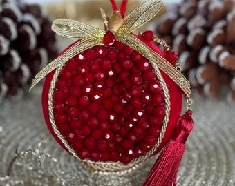 Handmade Pomegranate Christmas Ornament, Red Beaded Bauble