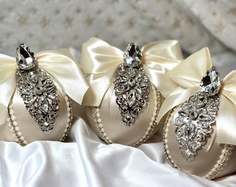 Handmade Beige Satin Christmas Baubles with Rhinestones, Set of 3