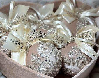 Handmade Beige Velvet Christmas Baubles, Lace and Satin Bow Decor