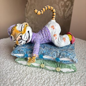 Handmade spun cotton lion, sleeping tiger decor, whimsical tiger doll, tiger in pajamas, collectible art doll, unique gift idea handmade art