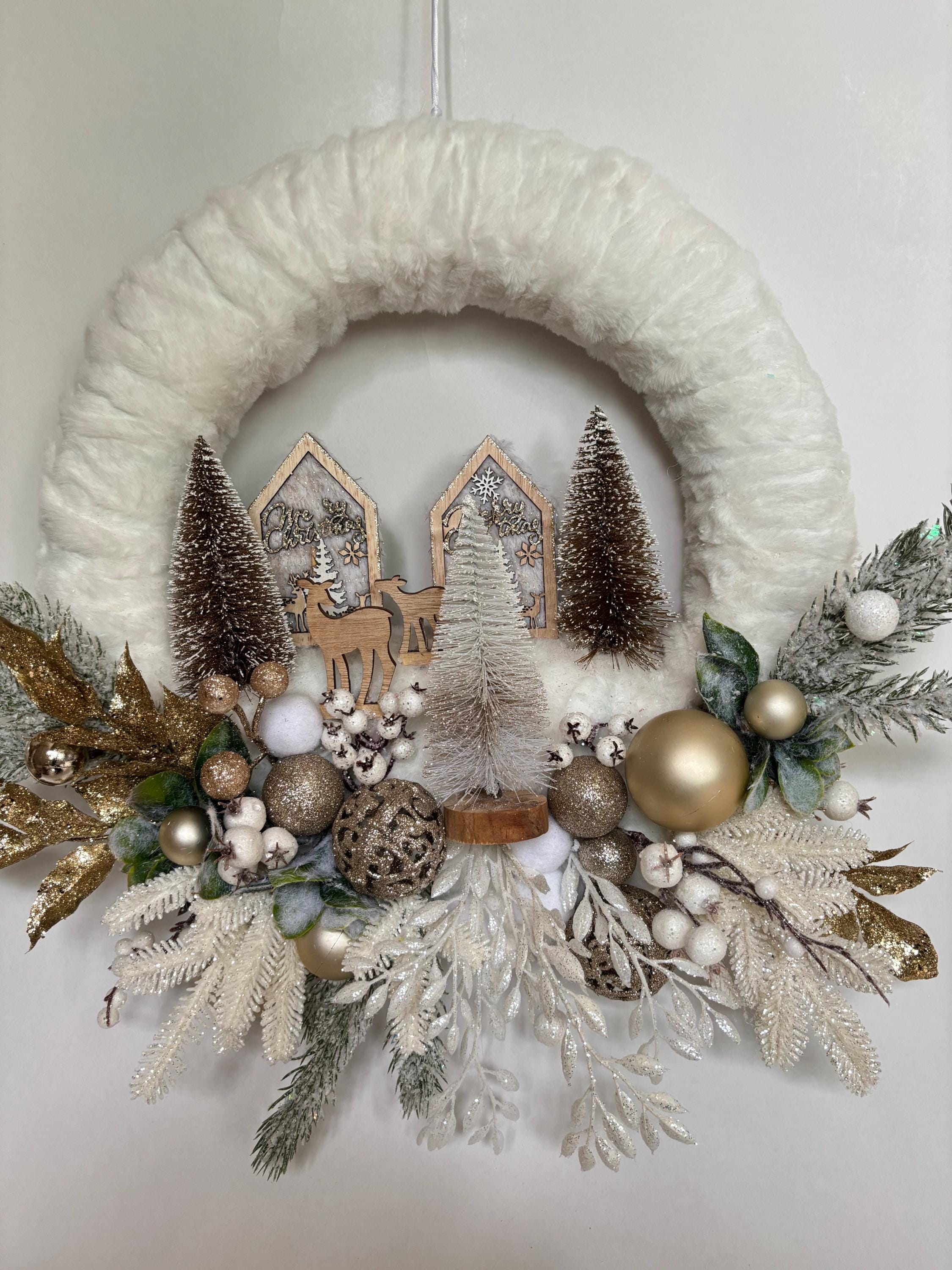 16 Cozy Christmas Wreaths to Welcome the Season 12 Handmade Winter Wonderland Wreath: White Yarn, Gold Ornaments