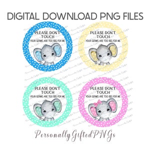 Pacote de design de elefante para etiqueta de carrinho de bebê, por favor, não toque, download digital, 4 PNGs, sublimação de etiqueta de carrinho de bebê, pacote de design de etiqueta de germe de bebê