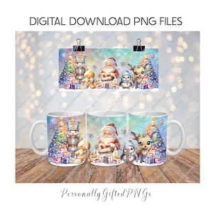 May include: Digital download PNG files with Christmas designs. The image shows a mug and a banner with illustrations of Santa Claus, a nutcracker, a reindeer, a penguin, and a gingerbread man. The text "DIGITAL DOWNLOAD PNG FILES" is at the top.