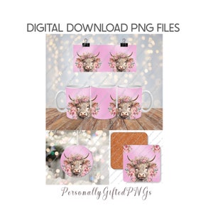 Vache Highland Mug, carré & cercle Design Bundle téléchargements numériques, vache Highland Design Bundle PNGs, vache Mug PNG, boule de vache, vache sous-verre PNG