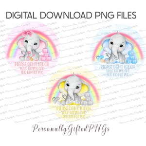 Pacote de design de elefante para etiqueta de carrinho de bebê, por favor, não toque, download digital, 6 PNGs, sublimação de etiqueta de carrinho de bebê, pacote de design de etiqueta de germe de bebê