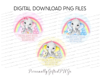 Baby Pram Tag Please Don't Touch Elephant Design Bundle Digital Download, 6 PNGs, Baby Pram Tag Sublimation, Baby Germ Tag Design Bundle