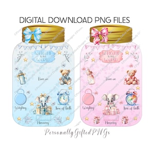 Diseño de frasco de acrílico con estadísticas de bebé, descarga digital, PNG de llegada de bebé, PNG de estadísticas de bebé niño, sublimación de anuncio de bebé, diseño de nueva niña