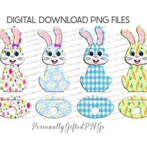 May include: Four digital download PNG files of Easter bunny designs. Each bunny is wearing a different outfit: floral, blue gingham, blue daisy, and green carrot. Each bunny is sitting on a matching patterned oval.