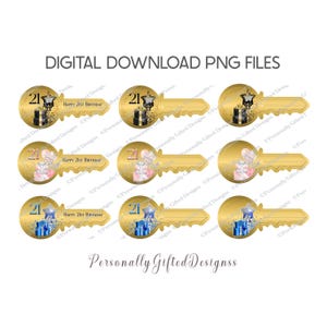 21. Geburtstags-Schlüssel-Form-Schlüsselanhänger-Design-Bundle, digitaler Download, 9 PNGs, Goldschlüssel-Feier PNG, rosa, schwarz und blau-Versionen, Geburtstagsgeschenk