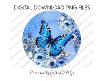 Blue Butterfly Design Digital Download, Blue Butterfly PNG, Circle Sublimation Design, Garden Ornament PNG, Butterfly Design