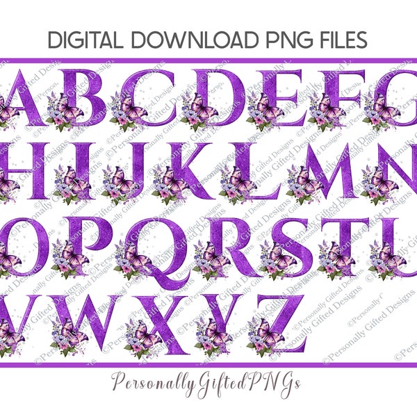 Purple Butterfly Alphabet Digital Download, 26 PNGs, Purple Glitter Effect Butterfly Alphabet PNGs, Floral Butterfly Alphabet, Alphabet A-Z