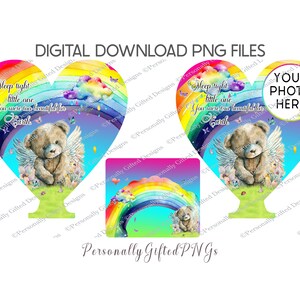 Suporte para vela de chá em forma de coração Urso Memorial com design de arco-íris Download digital, Memorial infantil PNG, Memorial de urso, Sublimação de memorial de bebê PNG