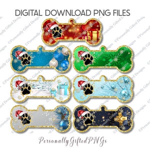 Pode incluir: Arquivos PNG para download digital com designs em forma de osso com tema natalino. Cada osso tem uma pegada com um gorro de Papai Noel, com fundos vermelhos, azuis, verdes e brancos, com bordas douradas brilhantes.