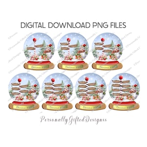 May include: Digital download PNG files showing snow globes with a snowman, a signpost, and the text "Christmas 2025". The globes have a red and gold base, with a snowy winter scene inside.