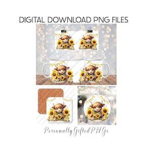 Highland Kuh mit Sonnenblumen Becher, Quadrat, Kreis Design Bundle Digitaler Download, Highland Kuh Design, Kuhbecher PNG, Kuh Kreis und Quadrat PNG